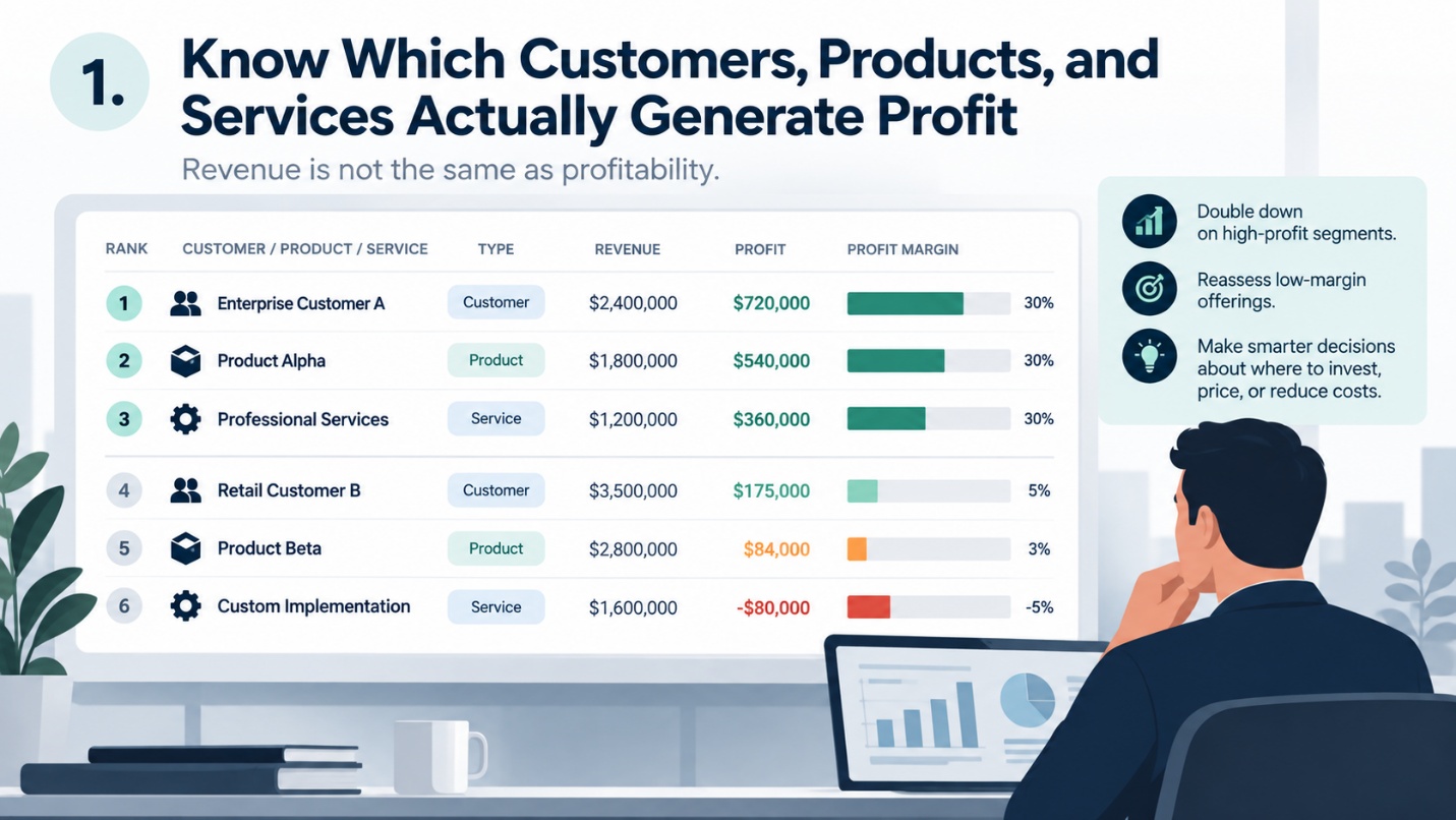 Customer, product, and service profitability comparison showing revenue is not the same as profitability