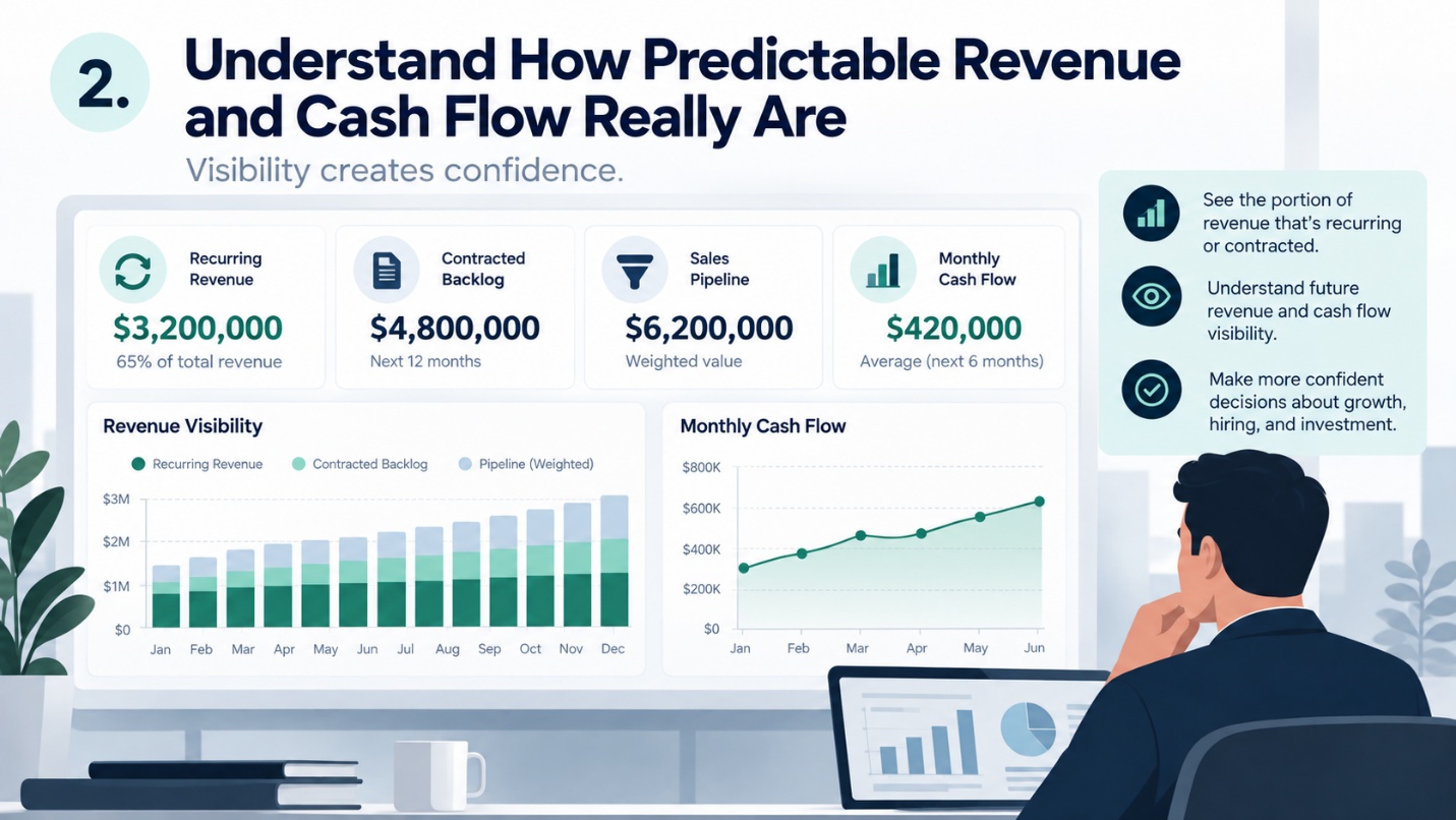 Recurring revenue, contracted backlog, pipeline, and monthly cash flow visibility