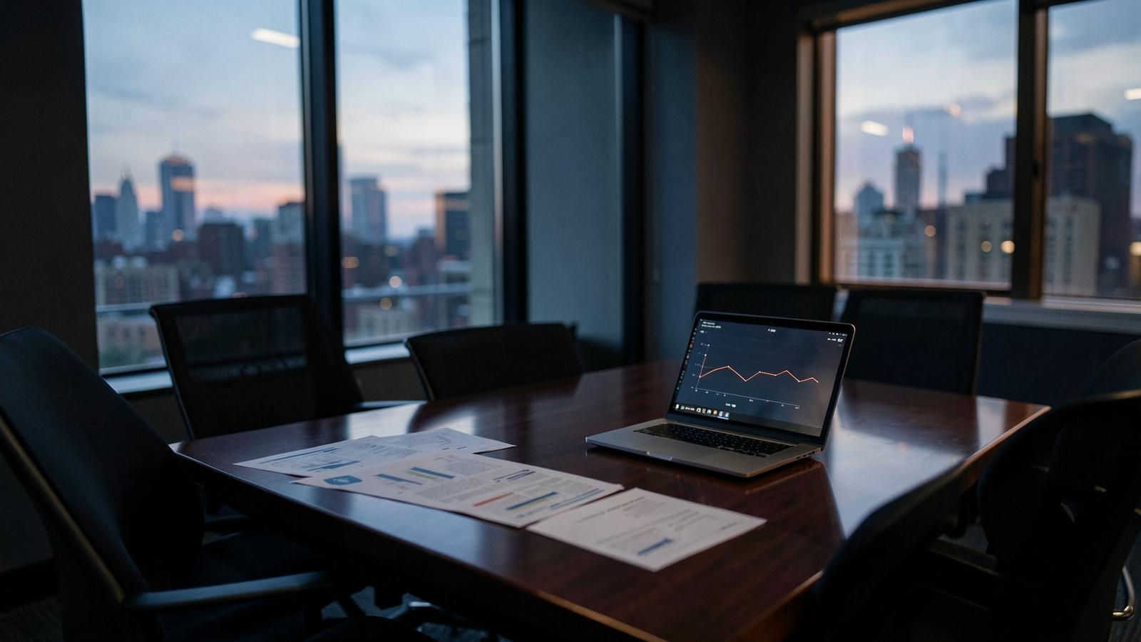 Chicago boardroom at dusk with forecast reports and a laptop showing a trend chart