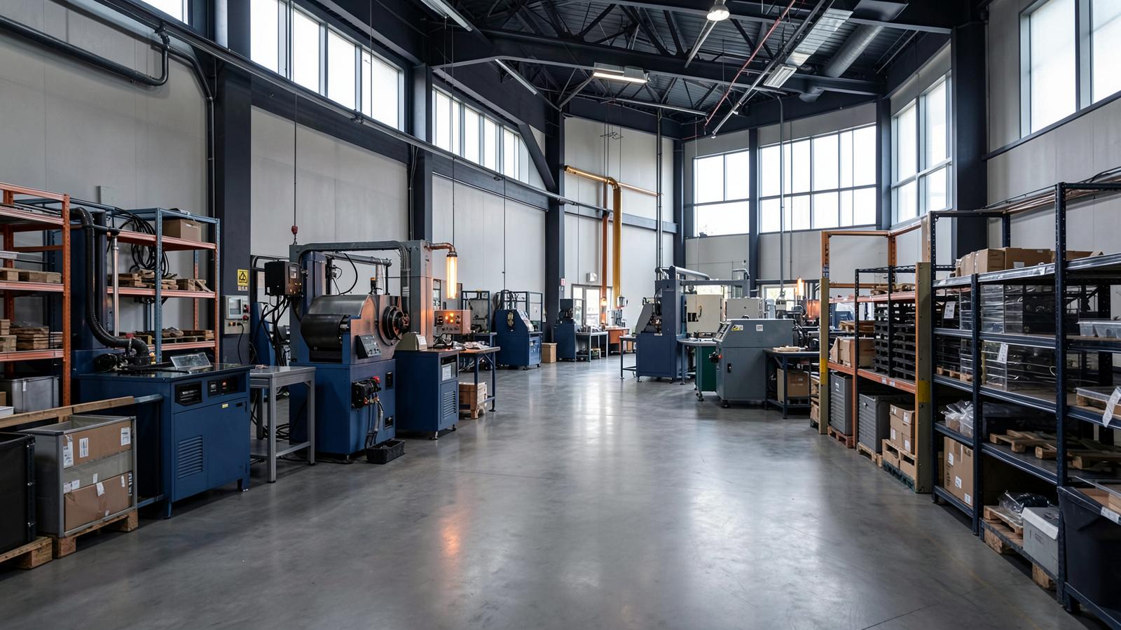 Midwest manufacturing floor with inventory racks and production equipment