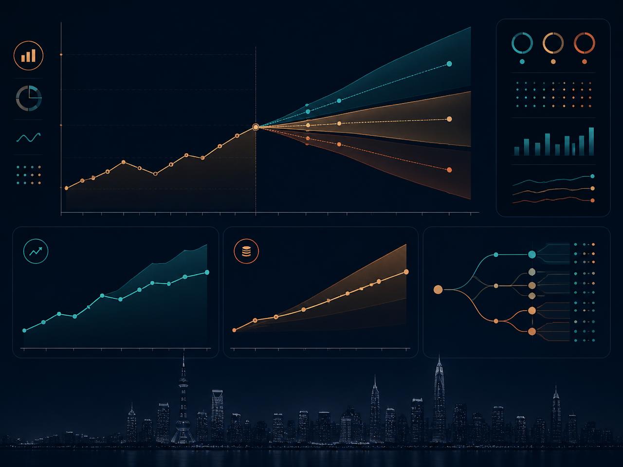 Rolling financial forecast visualization showing revenue, profit, and cash outlook with base, upside, and downside scenario bands