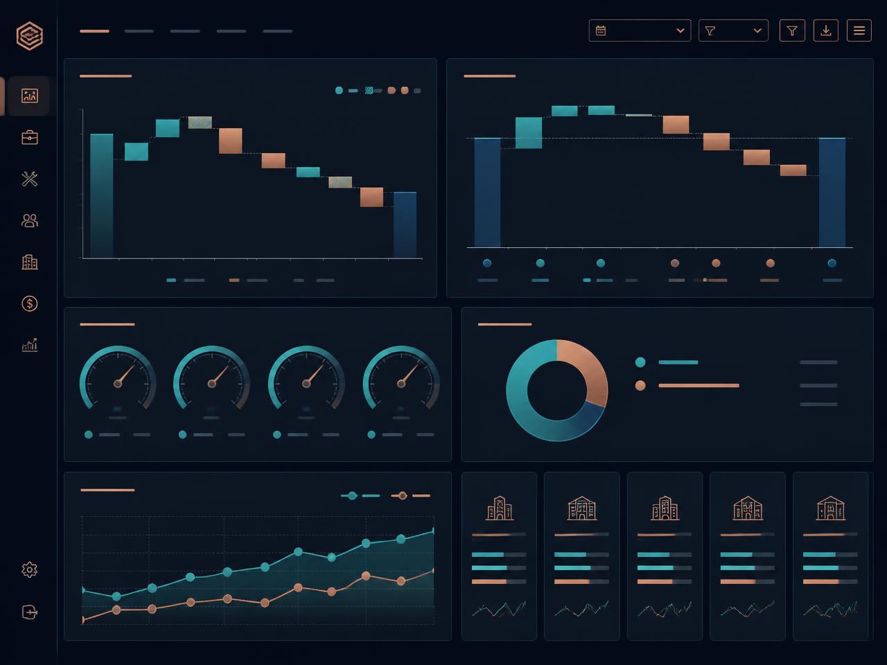 Contractor finance dashboard showing a backlog conversion waterfall, project margin bridge, technician utilization gauges, service versus project revenue mix, 13-week cash flow, and branch profitability cards